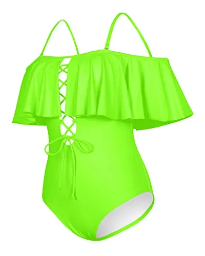 Chic Flounce Off The Shoulder One Piece Swimsuit For Girls-Neon Green