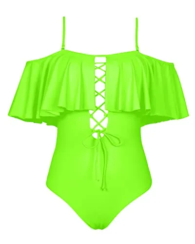 Chic Flounce Off The Shoulder One Piece Swimsuit For Girls-Neon Green