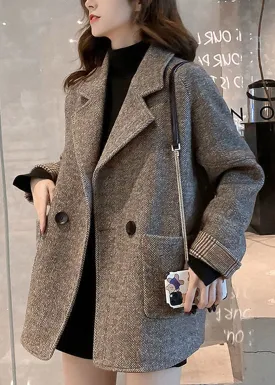 Chic Khaki Notched Pockets Woolen Coat Winter RS048