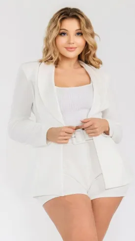 Chic Plus Size 2 Piece Solid Blazer & Belted Short Set