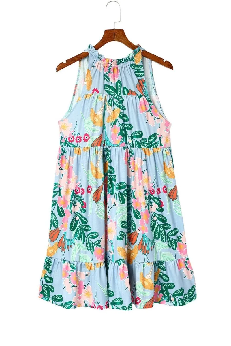 Chic Ruffle Sky Floral Sleeveless Dress