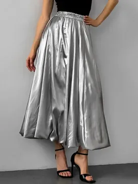 Chic Silver High Waisted Pleated A-Line Skirts WS011