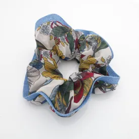 chiffon floral print denim edge scrunchies women hair elastic scrunchie accessory for woman