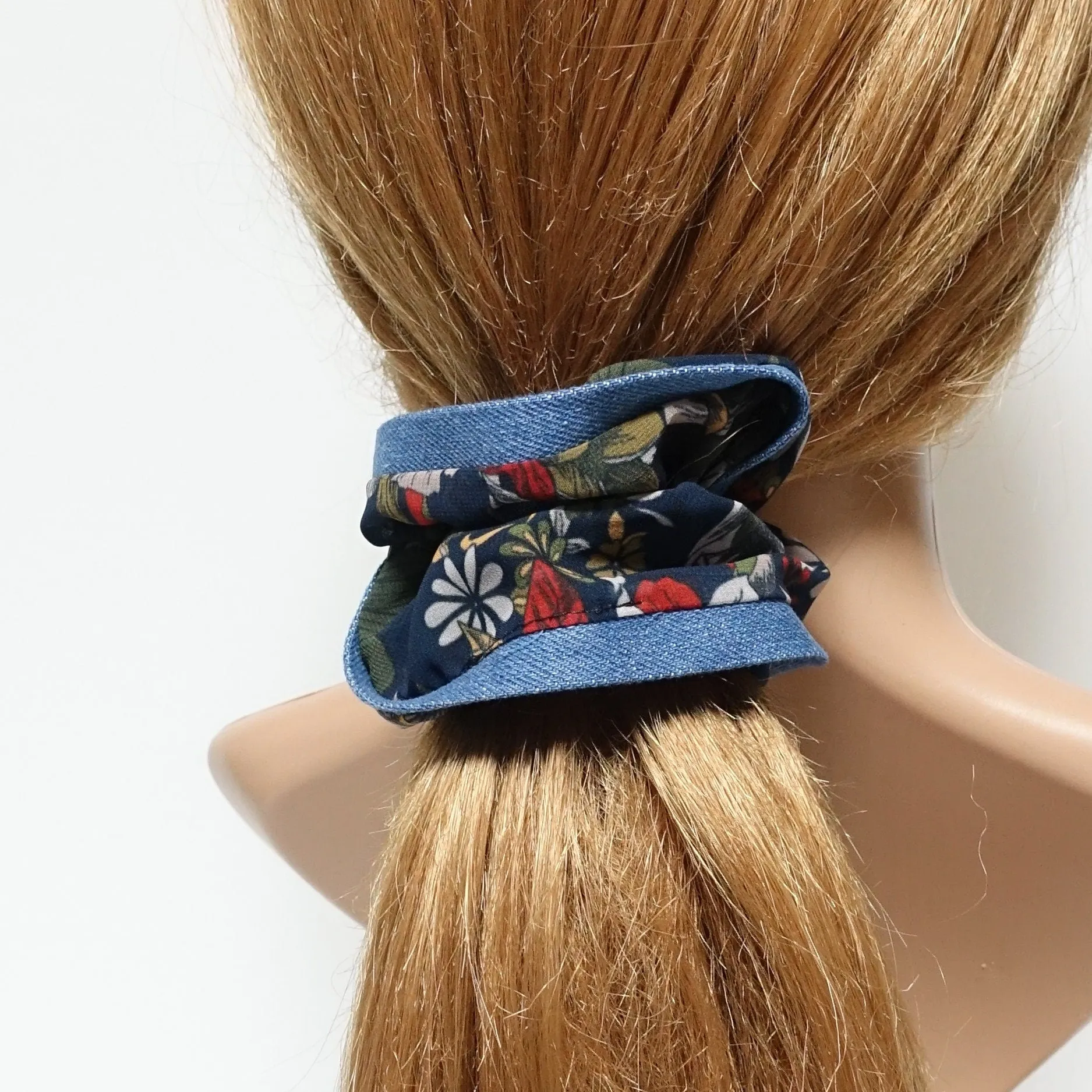 chiffon floral print denim edge scrunchies women hair elastic scrunchie accessory for woman