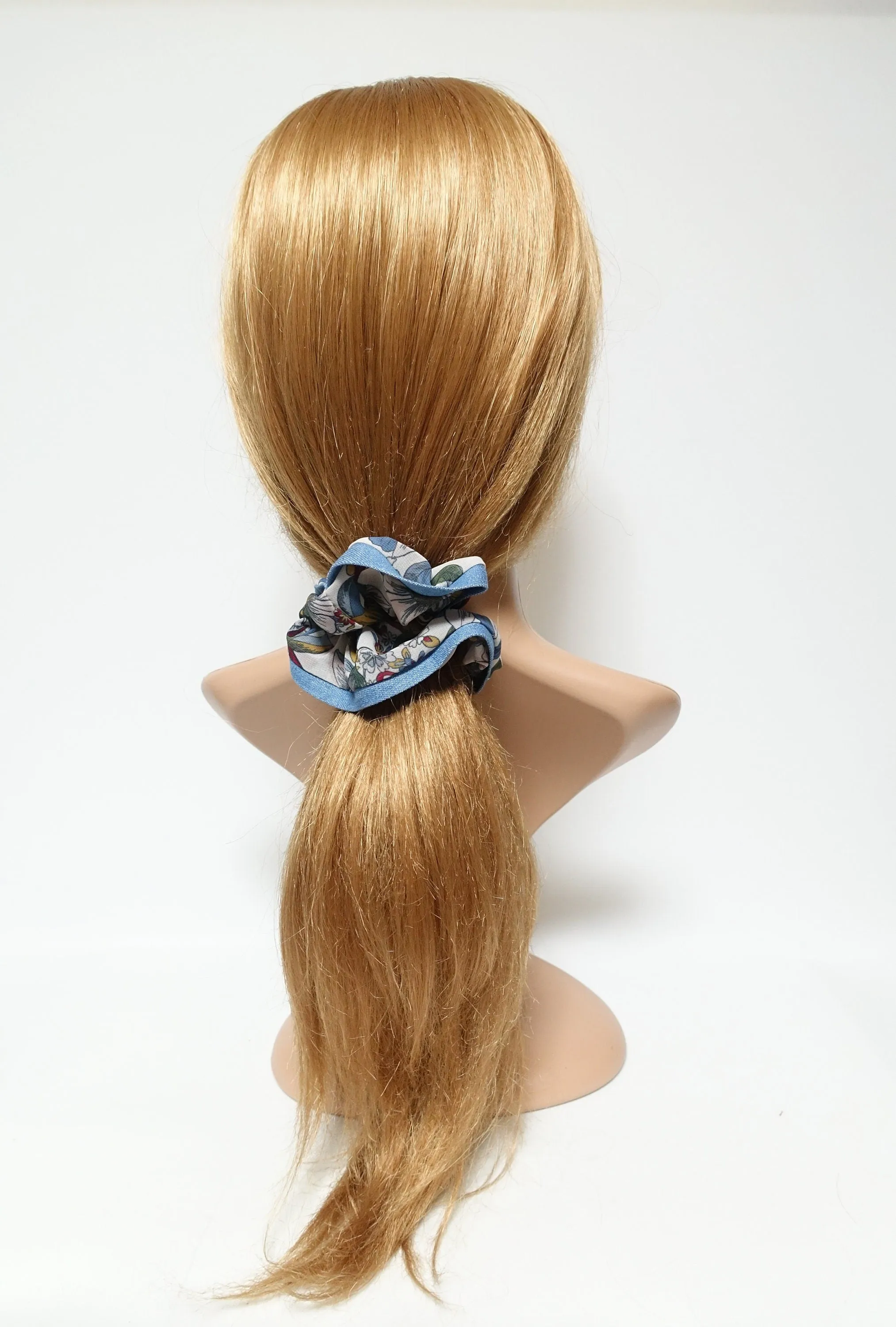 chiffon floral print denim edge scrunchies women hair elastic scrunchie accessory for woman