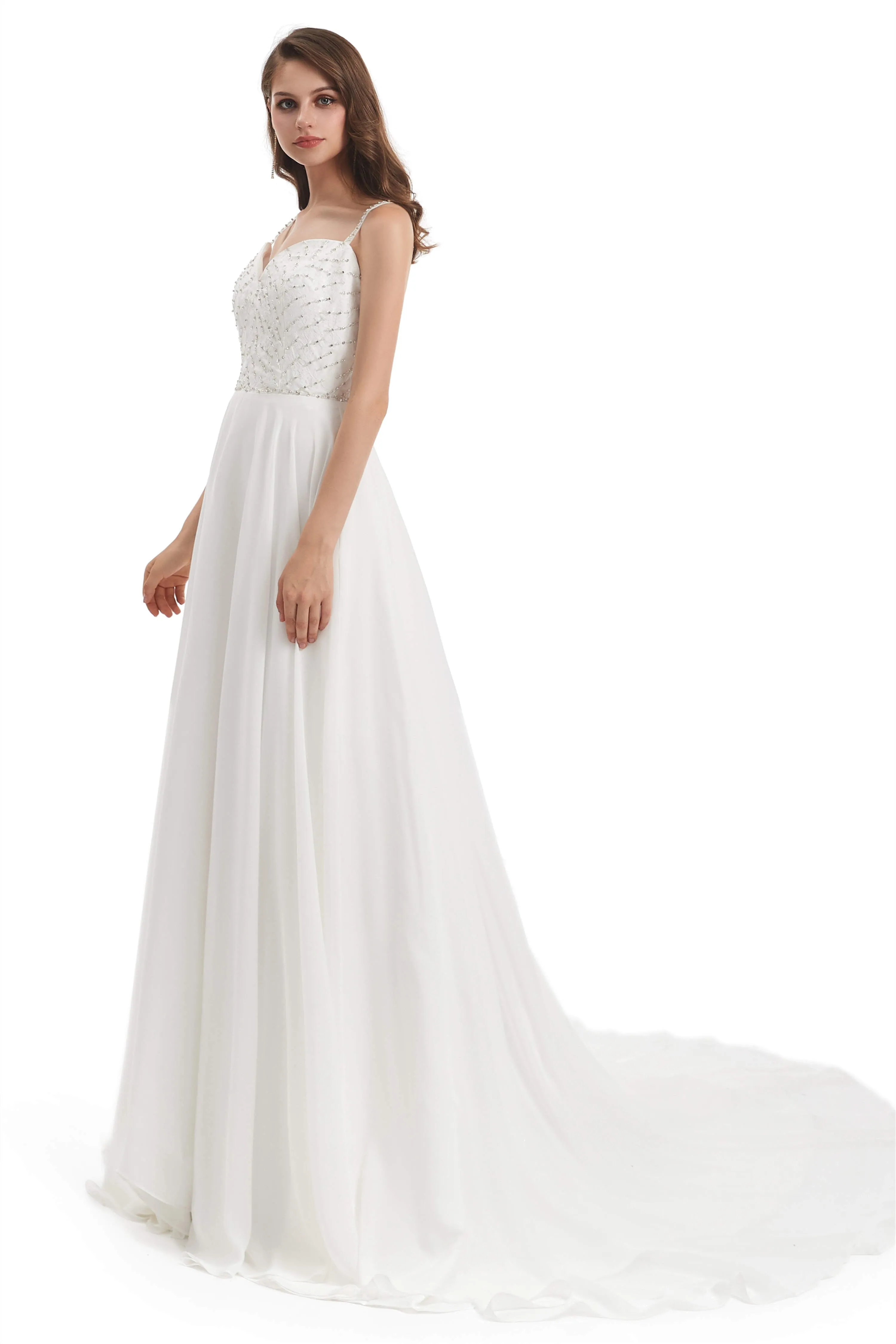 Chiffon Lace Spaghetti Straps Beading Wedding Dresses