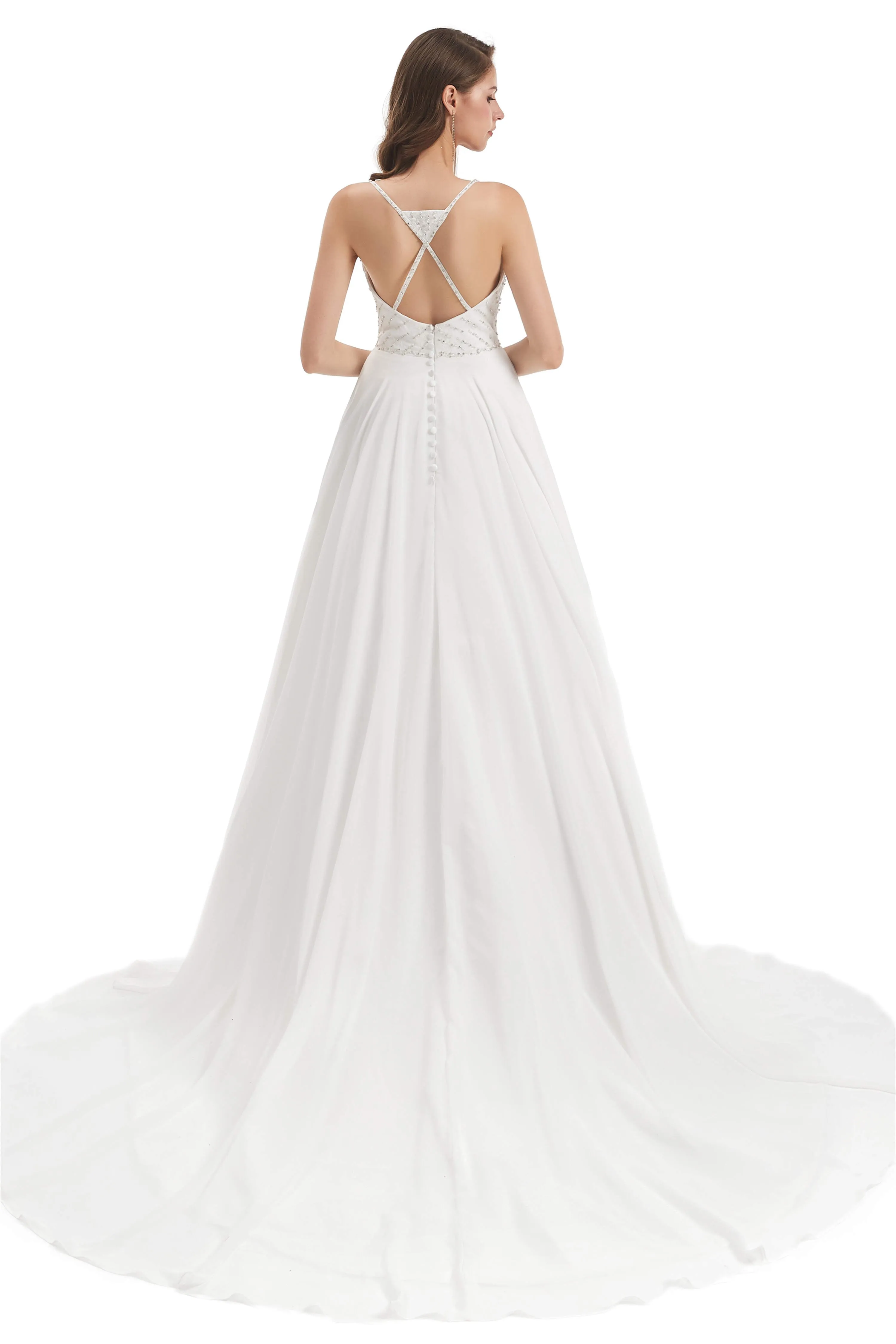 Chiffon Lace Spaghetti Straps Beading Wedding Dresses