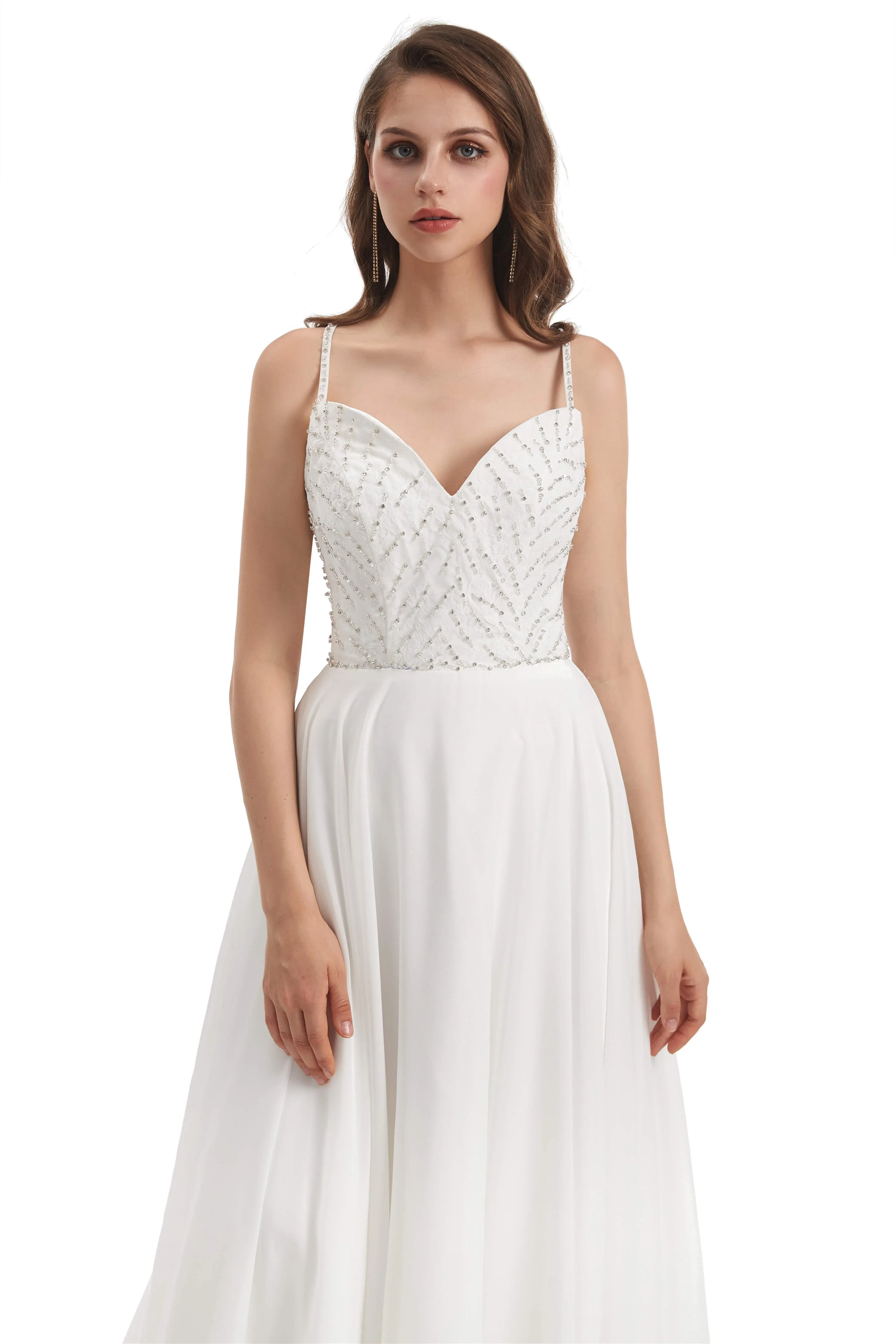 Chiffon Lace Spaghetti Straps Beading Wedding Dresses