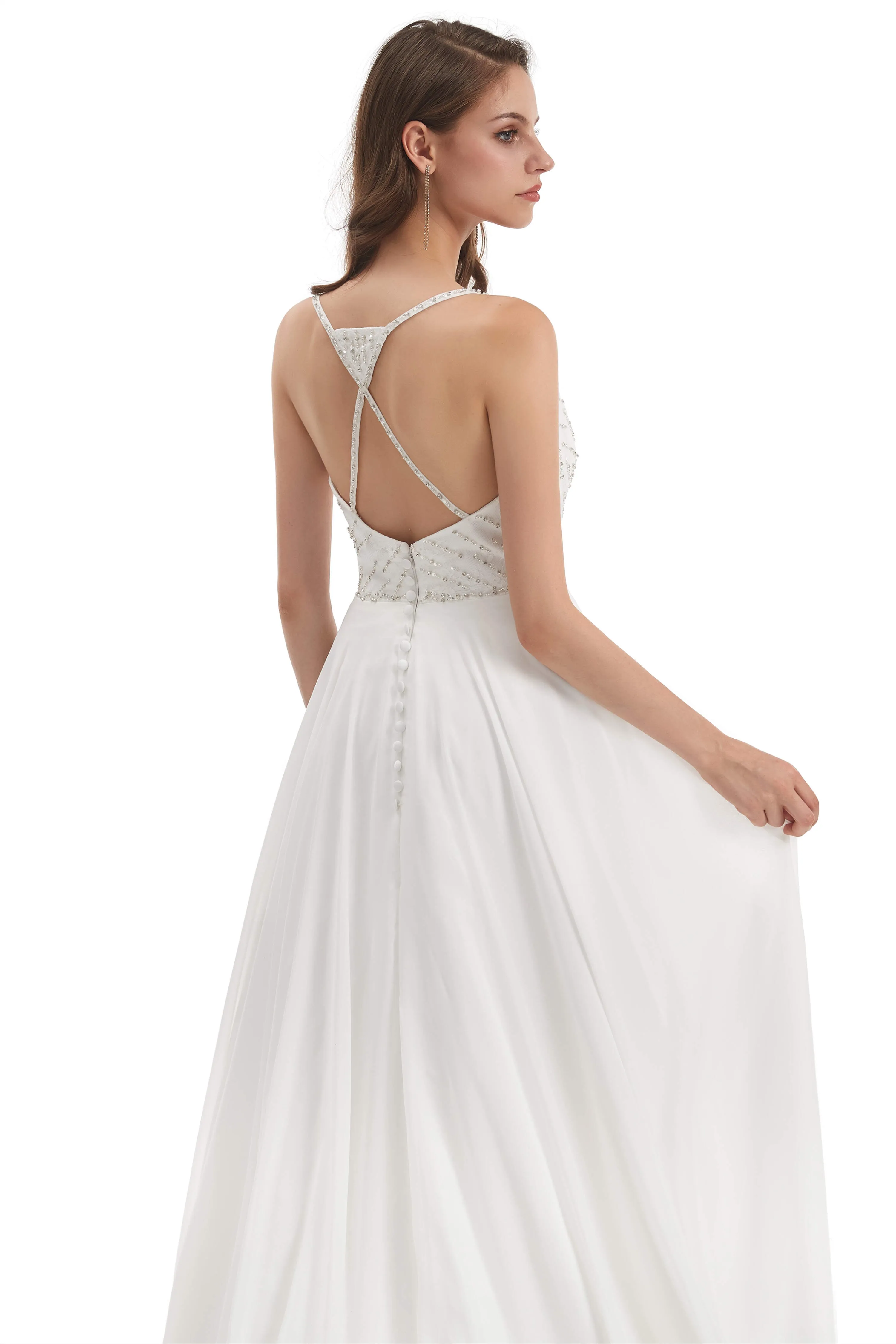 Chiffon Lace Spaghetti Straps Beading Wedding Dresses