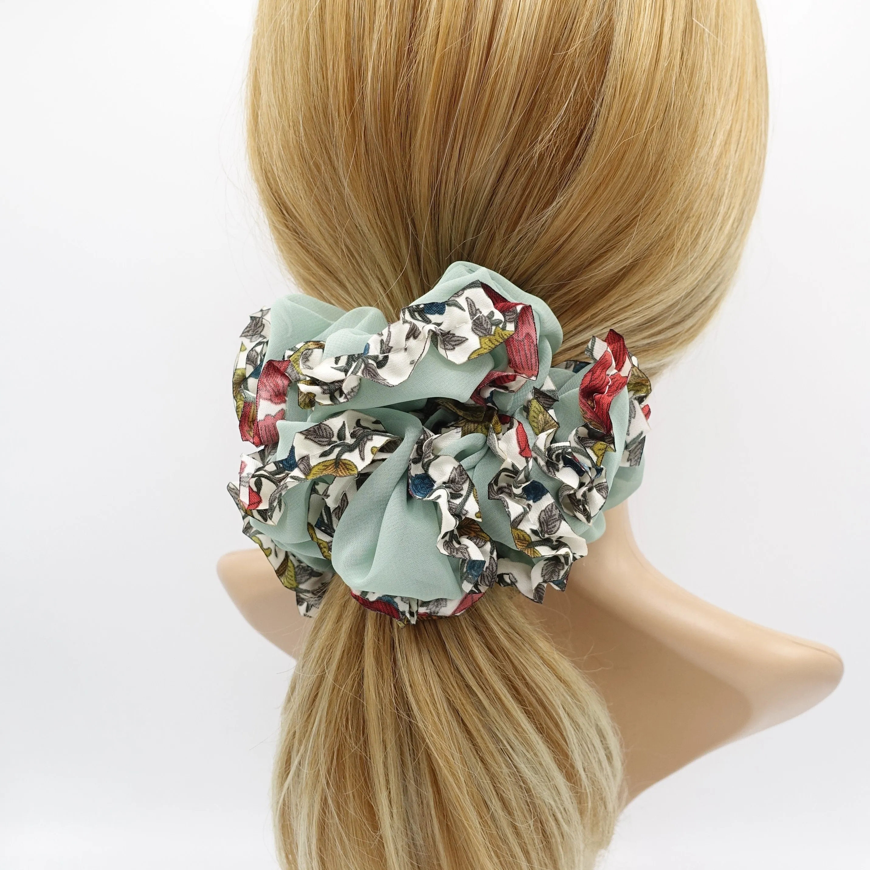 chiffon scrunchies, oversized scrunchies, floral scrunchies for women