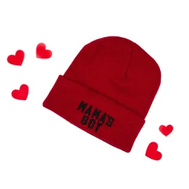 Child Beanie - MAMA'S BOY - block font - Dark Red w/ Black