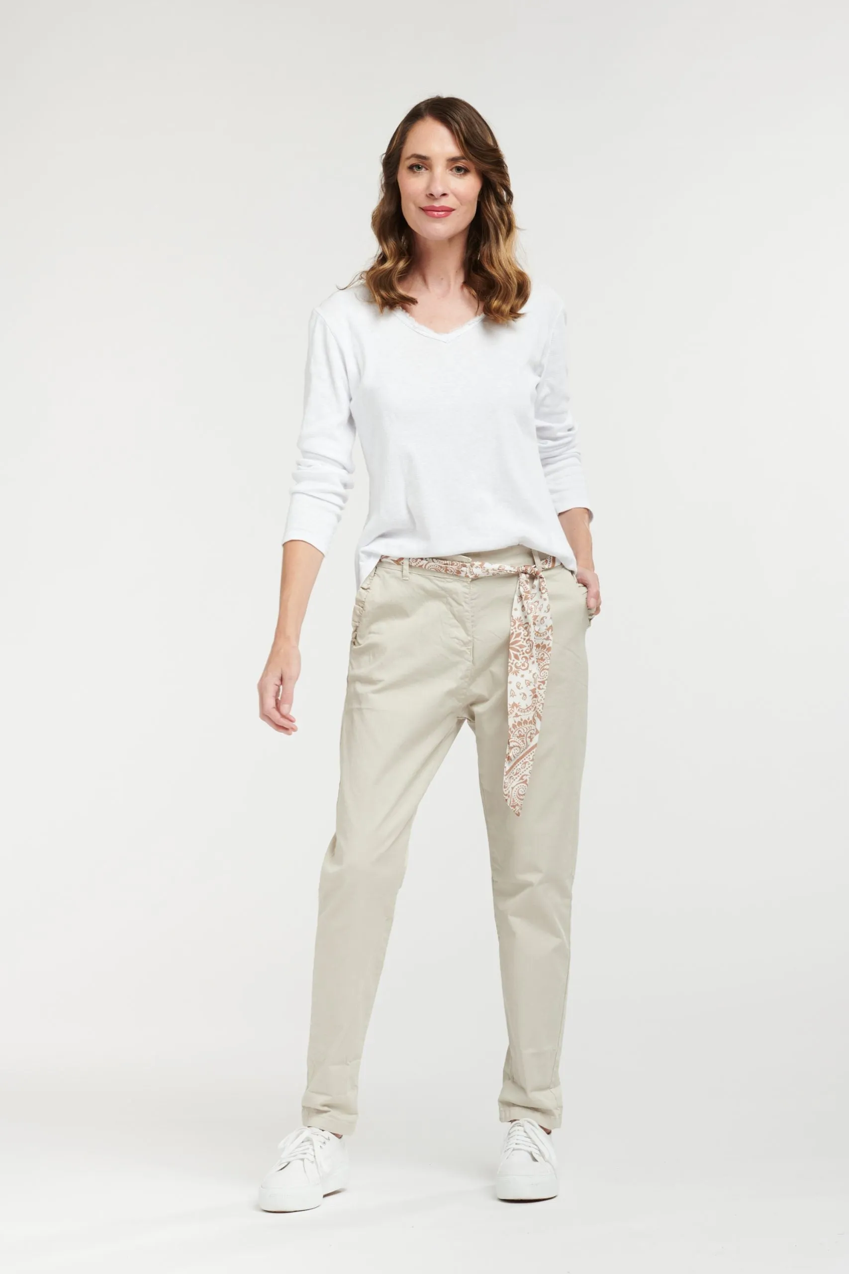 Chino Pants with Silk Tie Belt - Beige