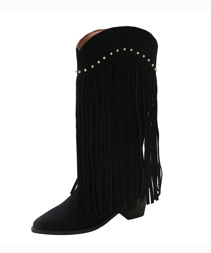 Chocolate Tassel Rivet Chunky Boots