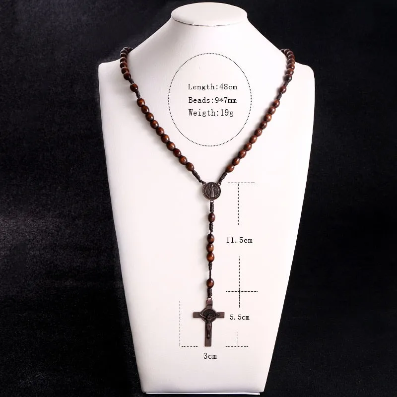 Christ Jesus Wooden Beads 8mm Rosary Bead Cross Pendant Woven Rope Chain Necklace Religious Orthodox Praying