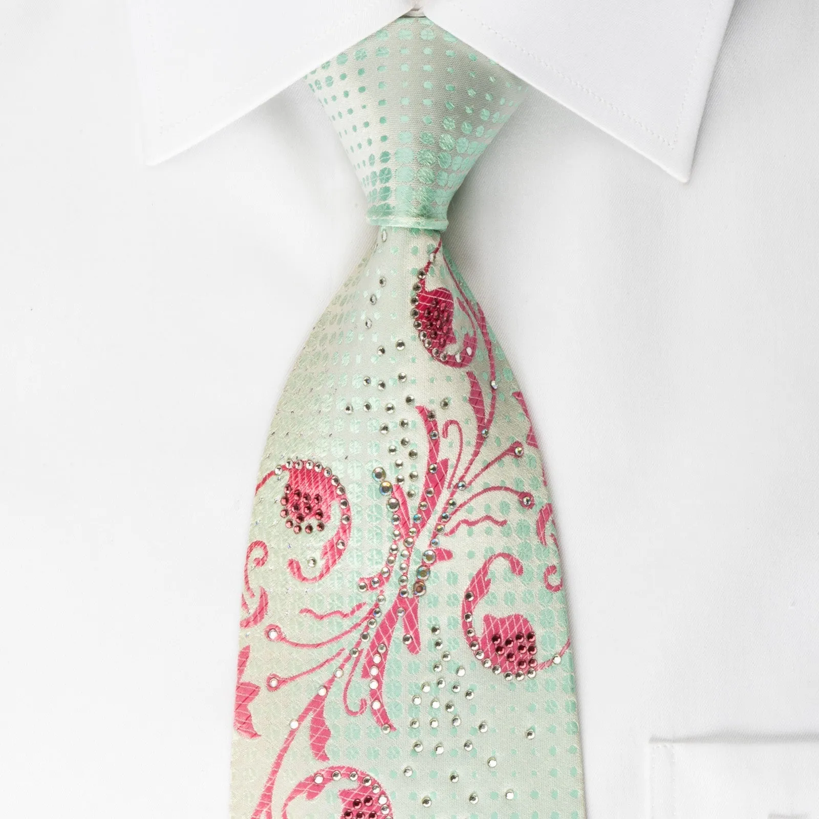 Christian Aujard Silk Rhinestone Necktie Pink Floral On Light Green With Silver Sparkles