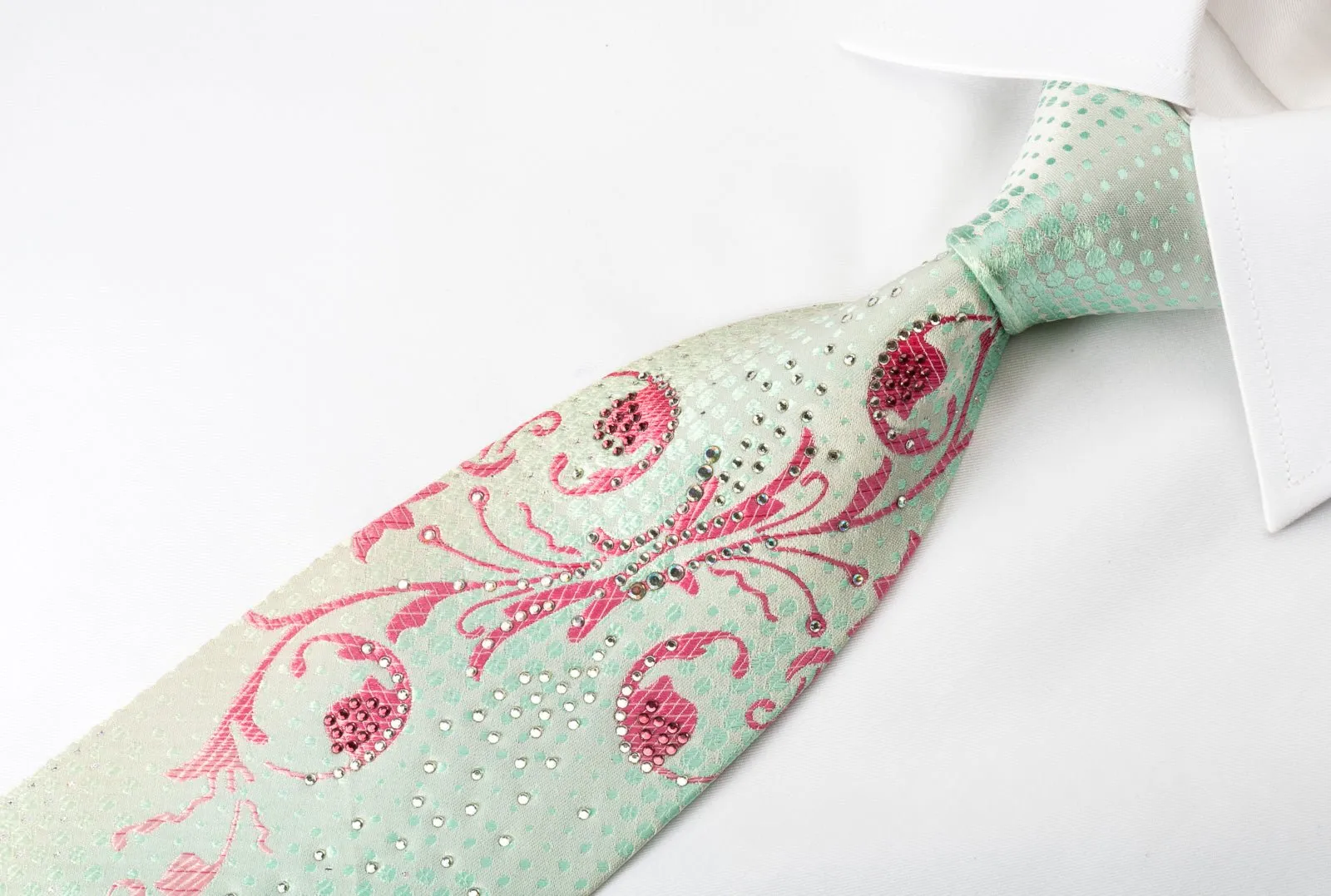 Christian Aujard Silk Rhinestone Necktie Pink Floral On Light Green With Silver Sparkles