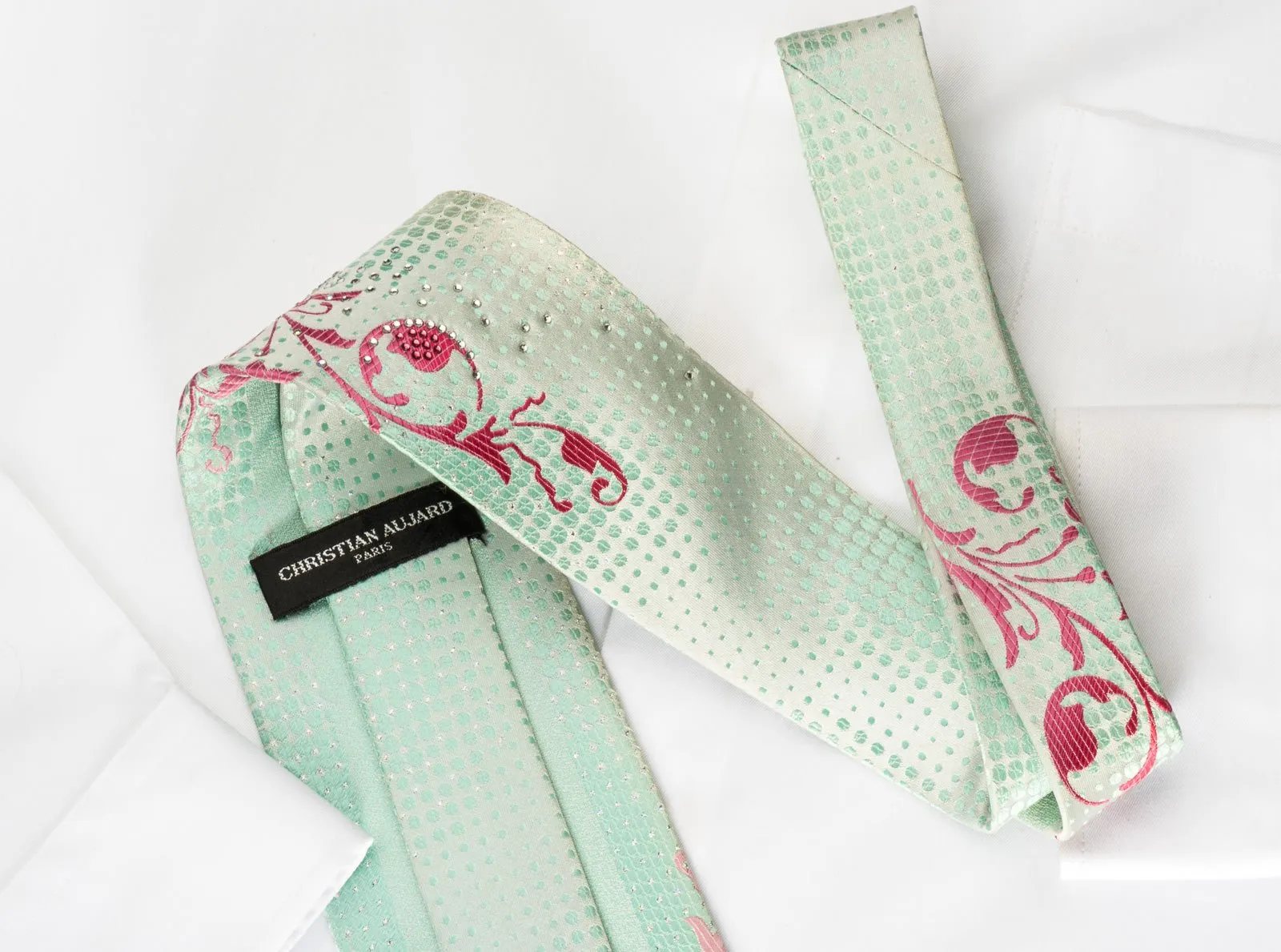 Christian Aujard Silk Rhinestone Necktie Pink Floral On Light Green With Silver Sparkles