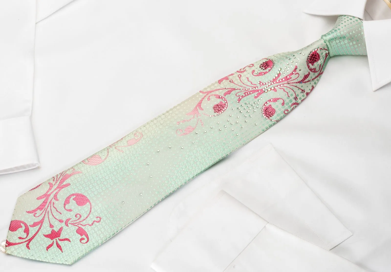 Christian Aujard Silk Rhinestone Necktie Pink Floral On Light Green With Silver Sparkles