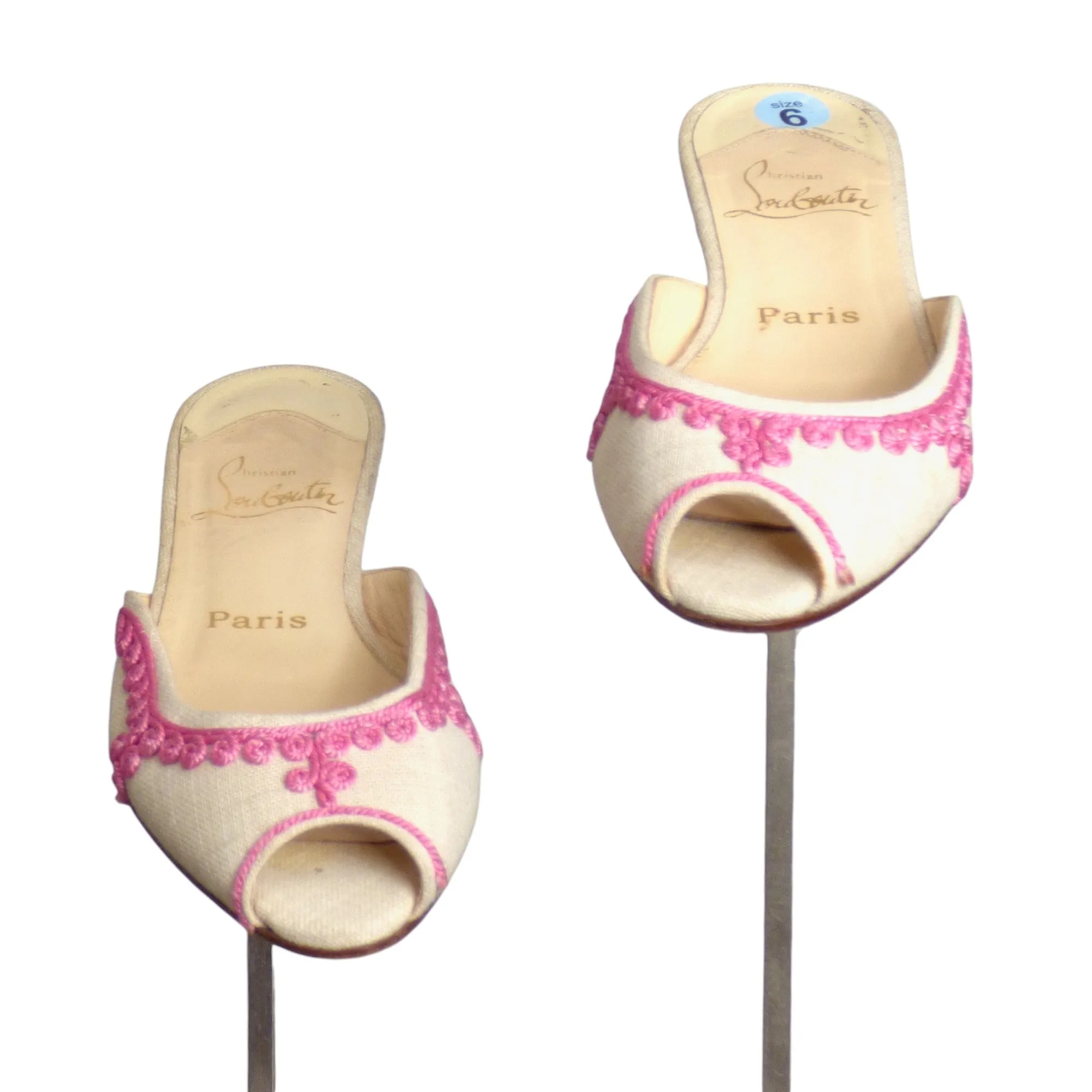 CHRISTIAN LOUBOUTIN- Ivory & Pink Linen Soutache Slides, Size 36.5