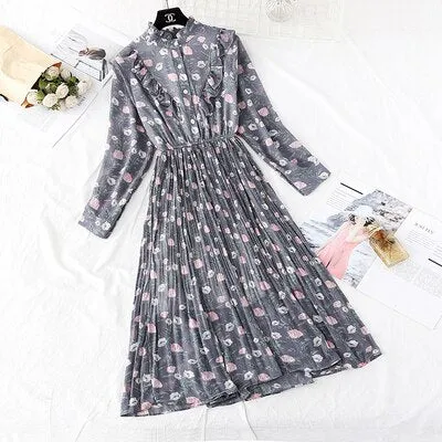 Christmas Gift Deanwangkt Spring and Autumn New Style Floral-Print Chiffon Dress Women's French Vintage Base Dress Fairy Immortal Dress