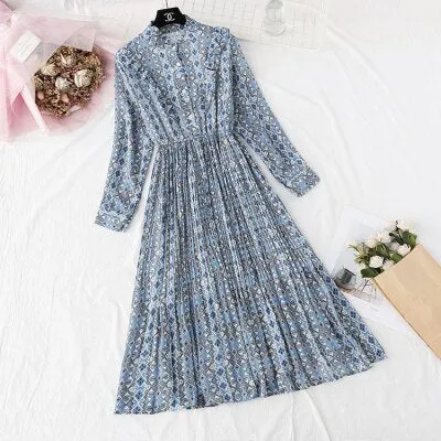 Christmas Gift Deanwangkt Spring and Autumn New Style Floral-Print Chiffon Dress Women's French Vintage Base Dress Fairy Immortal Dress