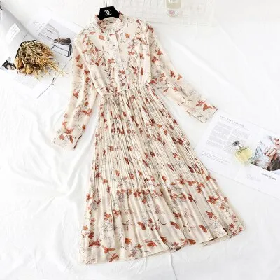 Christmas Gift Deanwangkt Spring and Autumn New Style Floral-Print Chiffon Dress Women's French Vintage Base Dress Fairy Immortal Dress