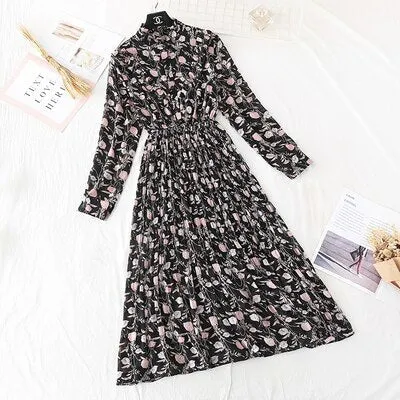 Christmas Gift Deanwangkt Spring and Autumn New Style Floral-Print Chiffon Dress Women's French Vintage Base Dress Fairy Immortal Dress