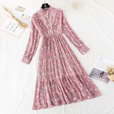 Christmas Gift Deanwangkt Spring and Autumn New Style Floral-Print Chiffon Dress Women's French Vintage Base Dress Fairy Immortal Dress