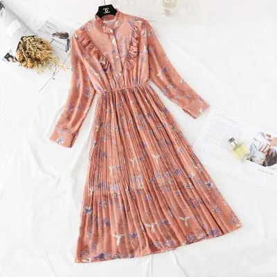 Christmas Gift Deanwangkt Spring and Autumn New Style Floral-Print Chiffon Dress Women's French Vintage Base Dress Fairy Immortal Dress