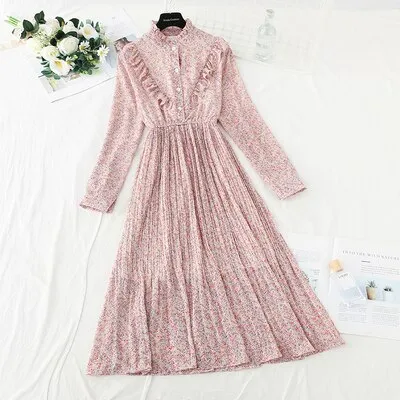 Christmas Gift Deanwangkt Spring and Autumn New Style Floral-Print Chiffon Dress Women's French Vintage Base Dress Fairy Immortal Dress