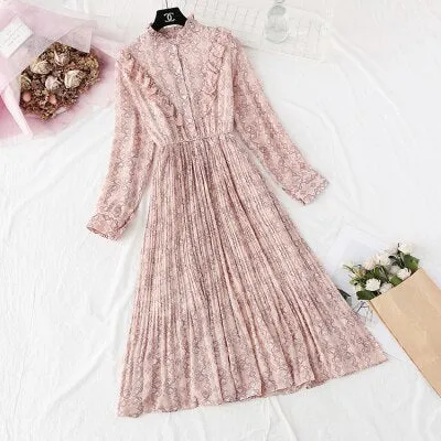 Christmas Gift Deanwangkt Spring and Autumn New Style Floral-Print Chiffon Dress Women's French Vintage Base Dress Fairy Immortal Dress