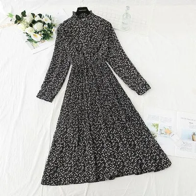 Christmas Gift Deanwangkt Spring and Autumn New Style Floral-Print Chiffon Dress Women's French Vintage Base Dress Fairy Immortal Dress