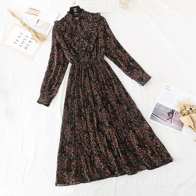 Christmas Gift Deanwangkt Spring and Autumn New Style Floral-Print Chiffon Dress Women's French Vintage Base Dress Fairy Immortal Dress