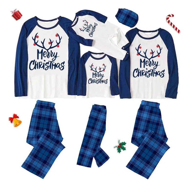 Christmas Matching Family Pajamas Merry Christmas Elk Antlers Blue Plaids Pajamas Set