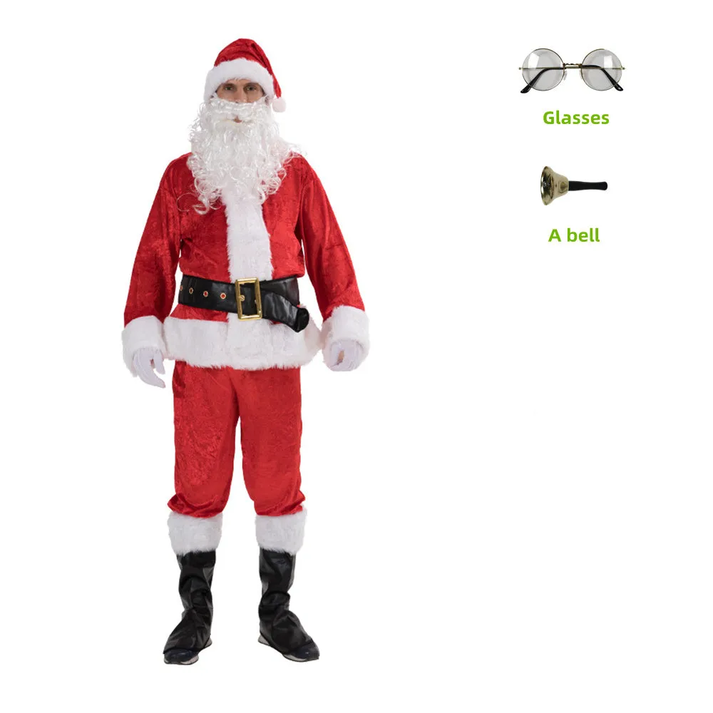 Christmas Red Fleece Warm 7-piece Set Santa Claus Classic Hat Tops Belt Pants Shoe Covers Gloves Whiskers Bell Glasses Gift Bag