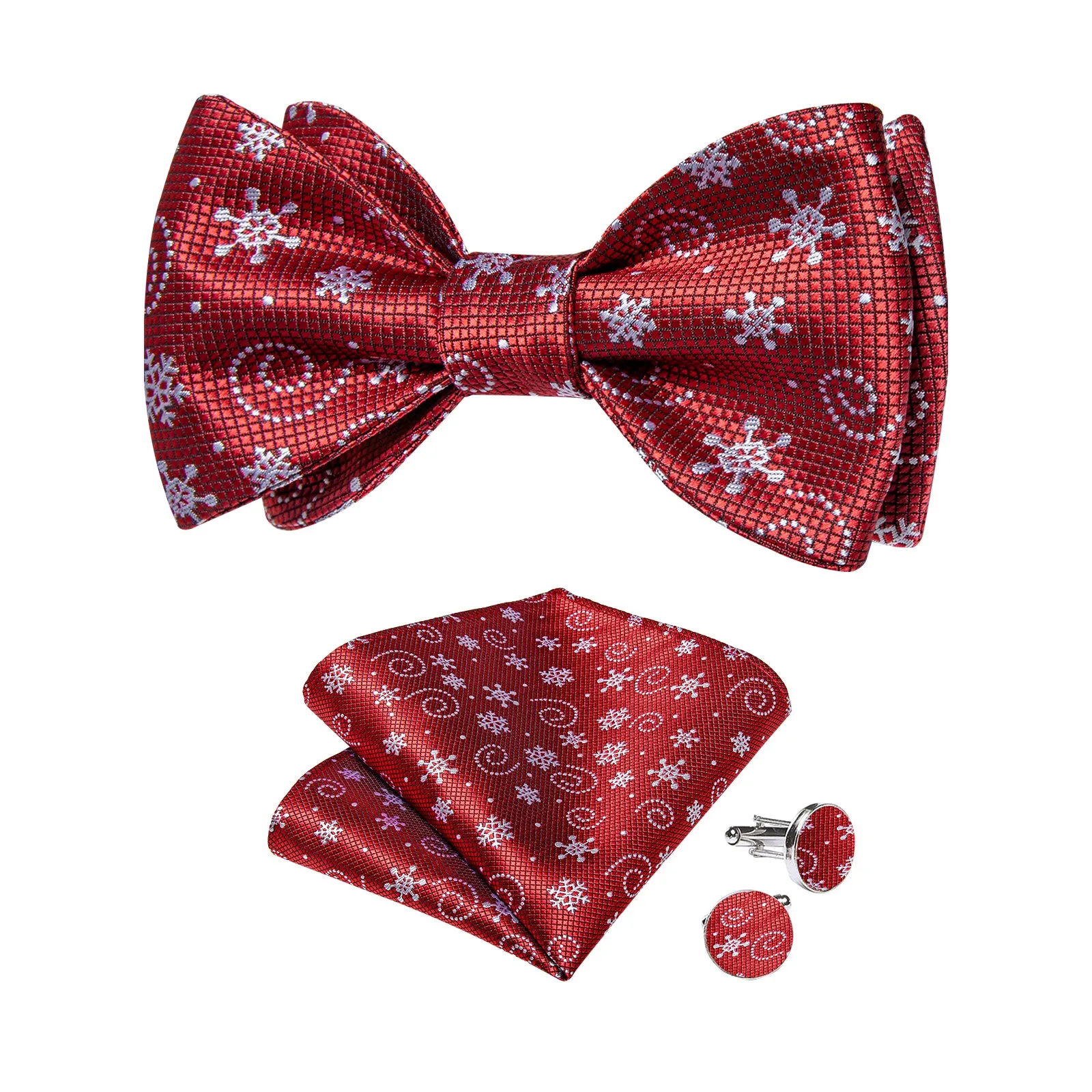 Christmas Snowflake Red Solid Self-Bowtie Pocket Square Cufflinks Set