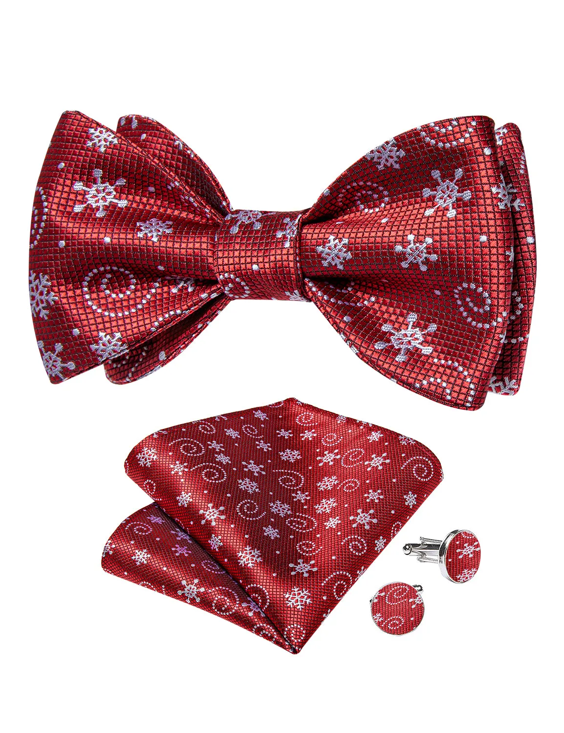 Christmas Snowflake Red Solid Self-Bowtie Pocket Square Cufflinks Set