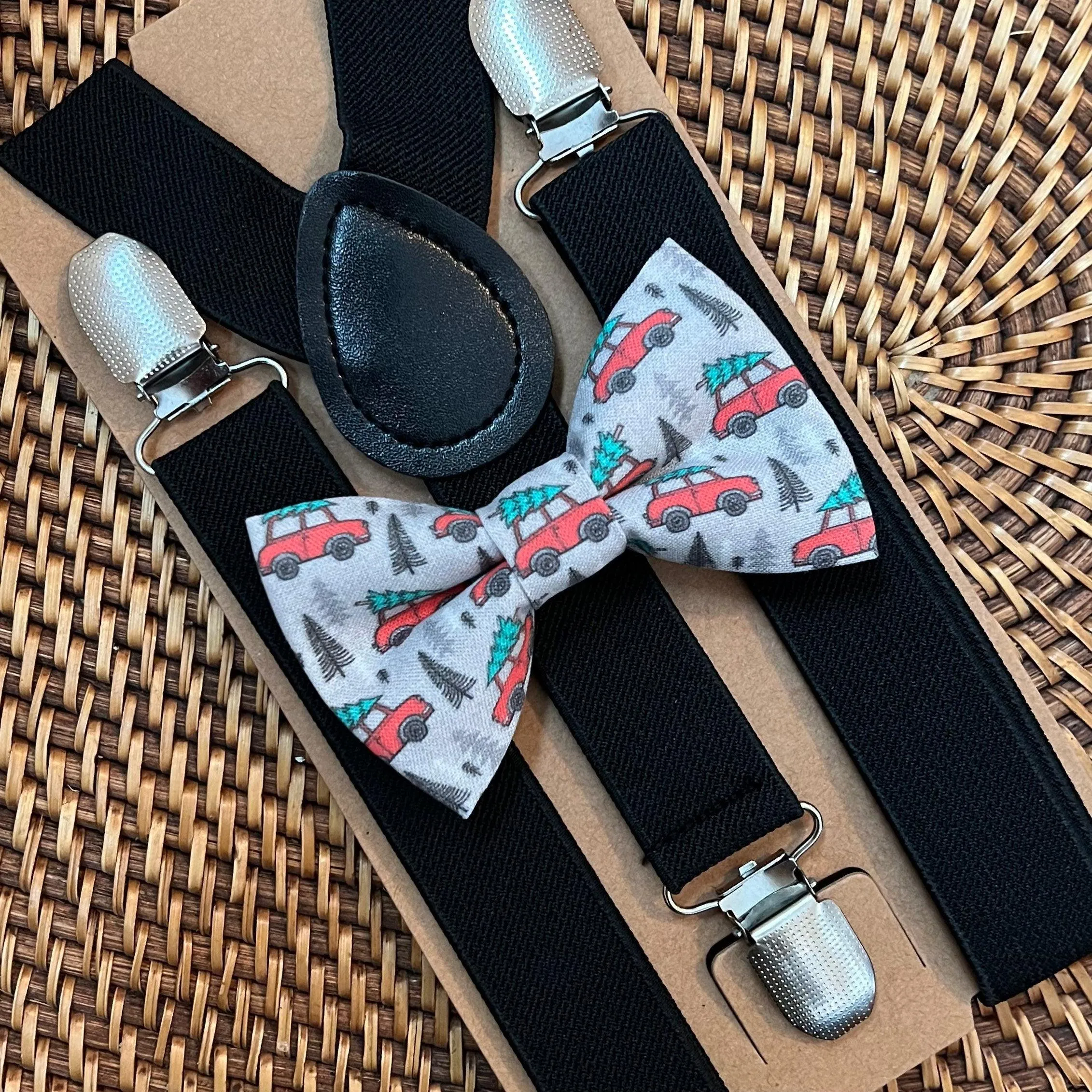 Christmas Tree and Cars Bow Tie & Black Elastic Suspenders Set