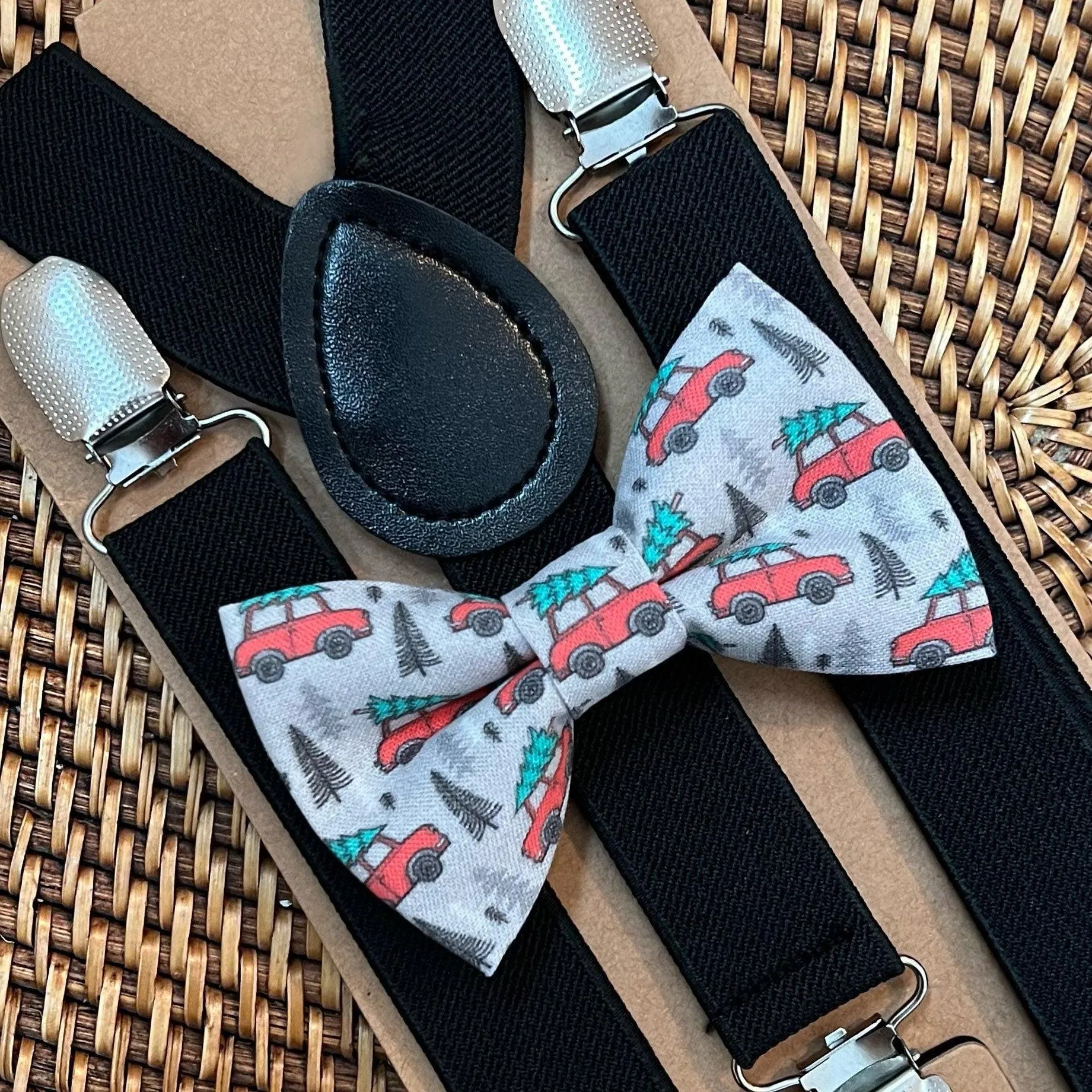 Christmas Tree and Cars Bow Tie & Black Elastic Suspenders Set