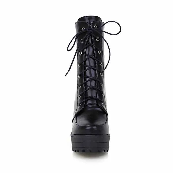 Chunky Heel Booties Round Toe Lace Up High Heel Ankle Boots