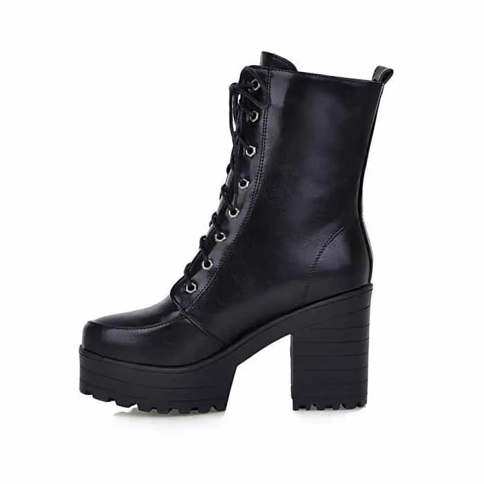 Chunky Heel Booties Round Toe Lace Up High Heel Ankle Boots