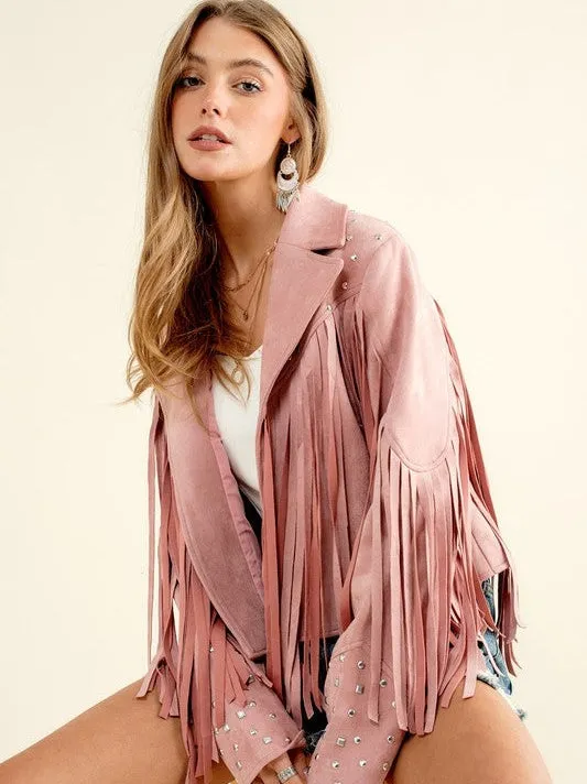 City Girl, Western Fringe Studded Suede Jacket