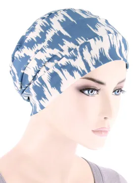 CKC-154#Chemo Cloche Cap in Denim Cream Ikat Geometric