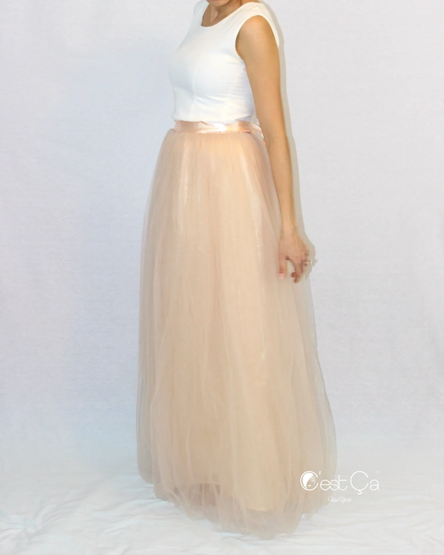 Claire Beige Soft Tulle Skirt - Maxi