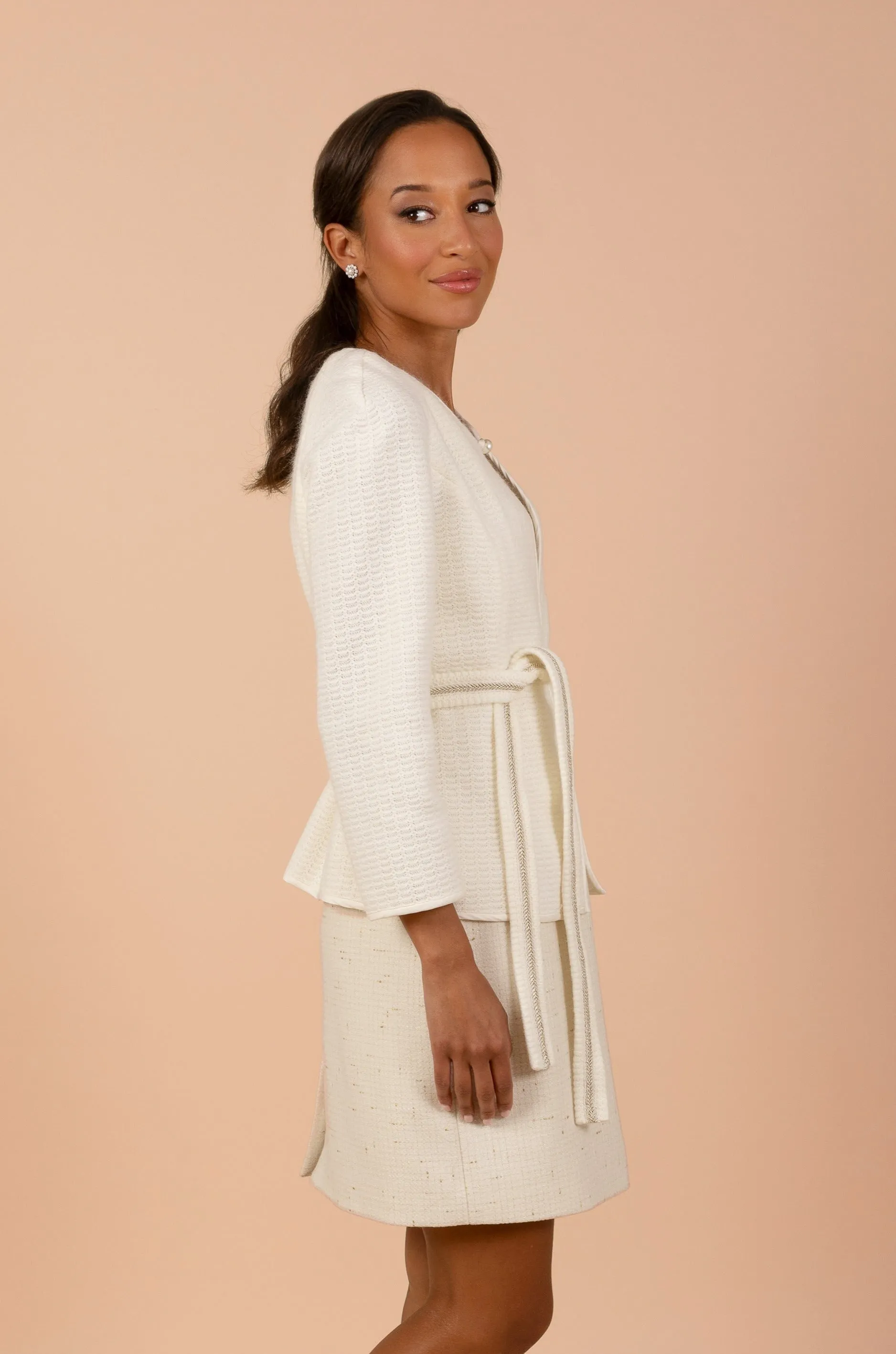 'Clara' Belted Wool Cardigan in Bianco