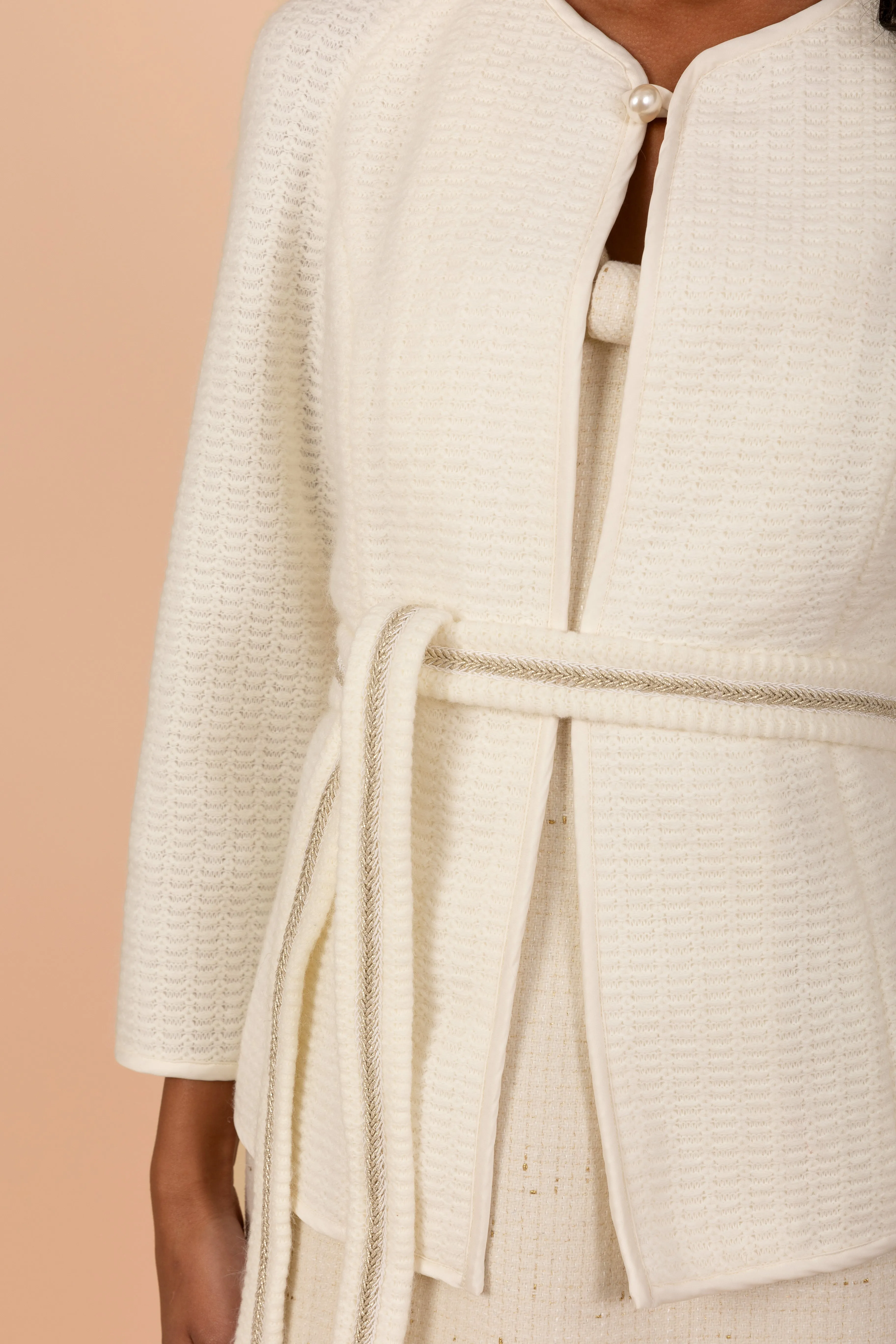 'Clara' Belted Wool Cardigan in Bianco