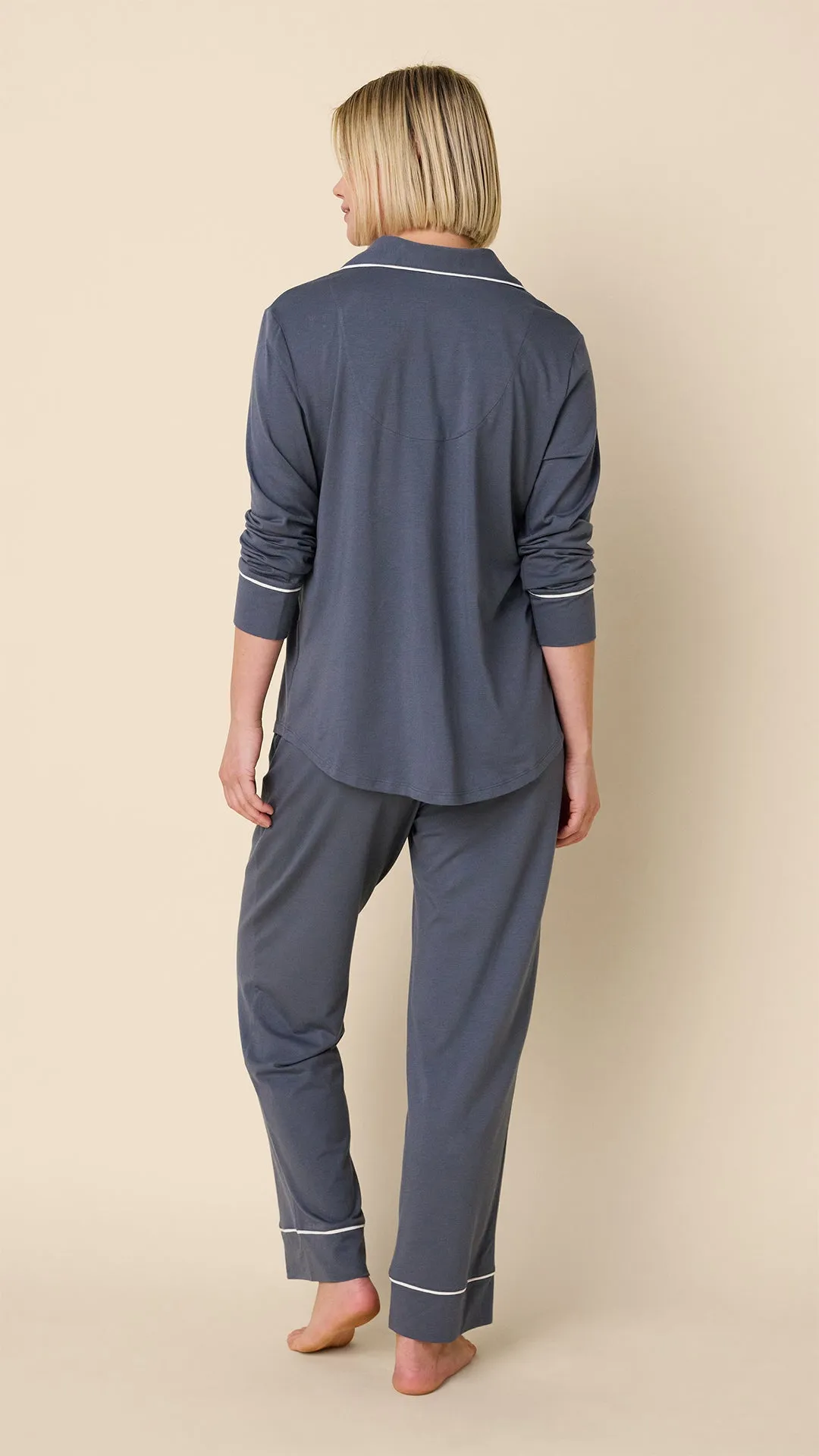 Classic Pima Knit Long-Sleeved Pajama - Steel Blue/Ivory