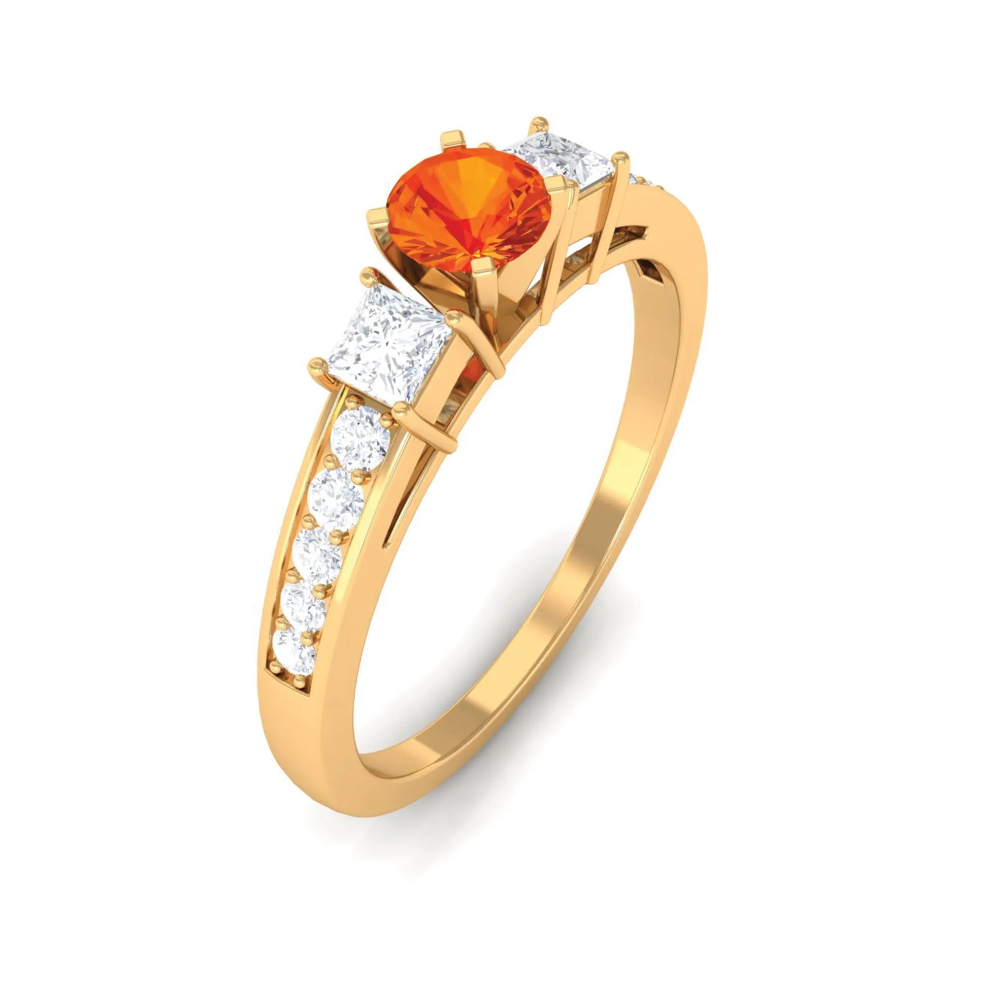 Classic Round Shape Orange Sapphire and Diamond Engagement Ring