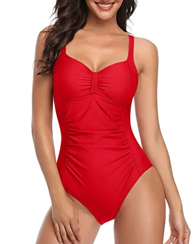 Classic Ruched Slimming Adjustable Straps Tummy Control One Piece Swimsuits-Red