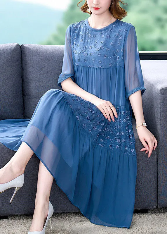 Classy Blue Embroideried Wrinkled Patchwork Chiffon Dresses Summer LY4544